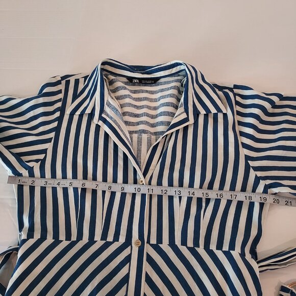 Zara Navy Blue Striped Linen Blend Belted Midi Shirt Dress Size Large - Picture 10 of 11